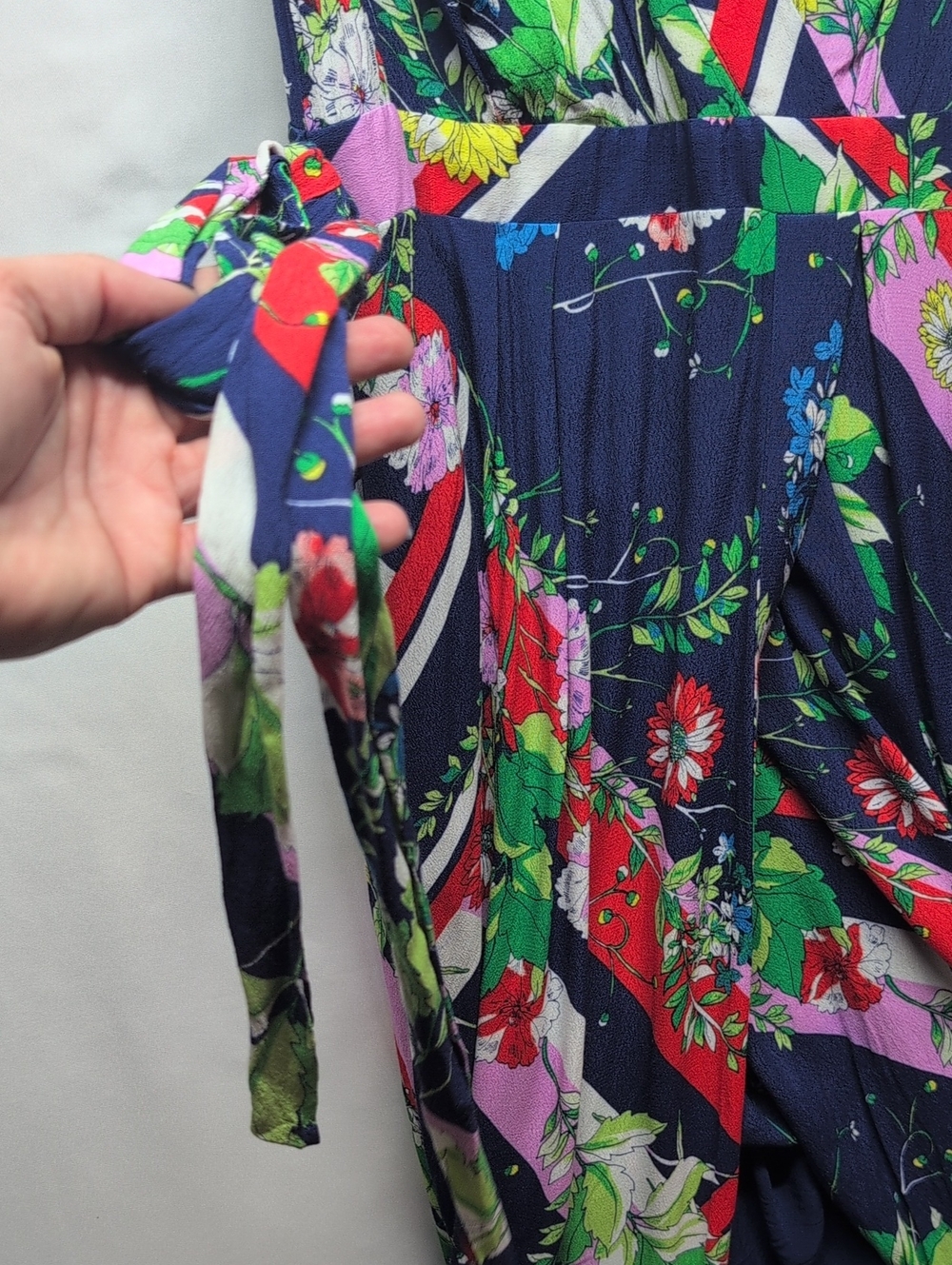 226.Anthropologie Navy Floral Wrap Midi Dress with Green & Pink Accents - Picture 7 of 7